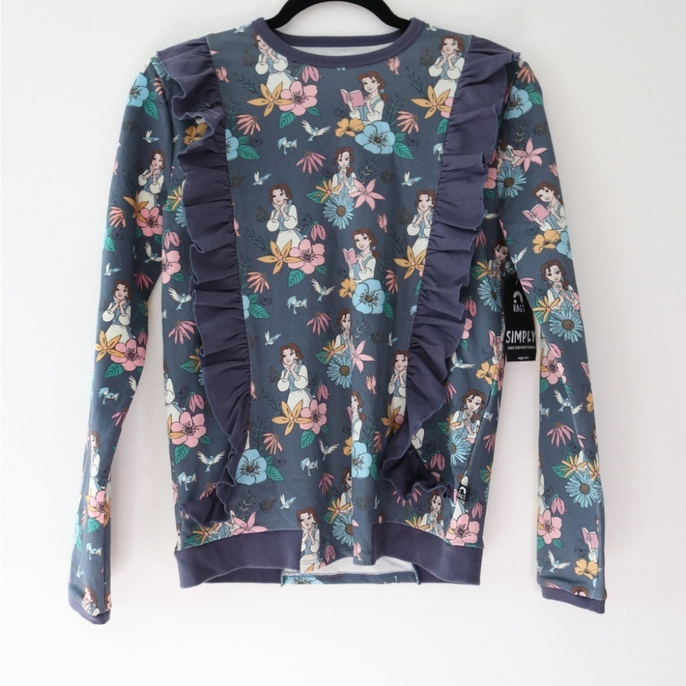 NWT Belle Reading Floral long sleeve RAGS ruffle sweatshirt Sz 11/12